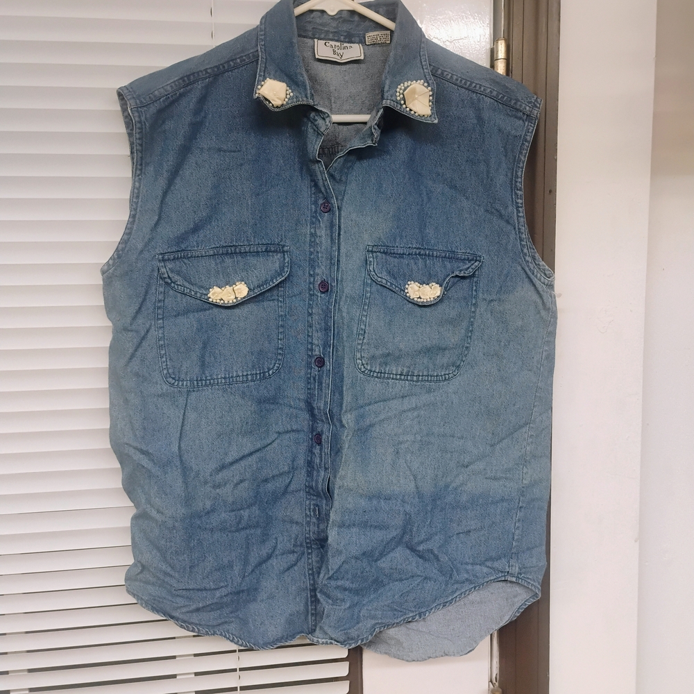 Carolina Bay Denim Pearl Western Sleeveless Button Up Shirt Womens L 90s Cowgirl